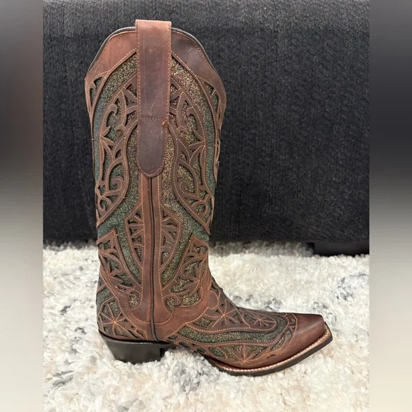J.B. Dillon Glitter Inlay Western Leather Boots - Picture 2 of 6